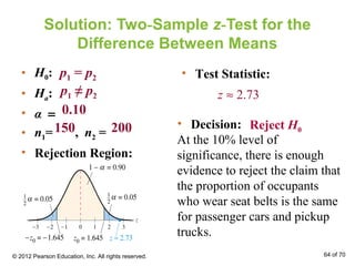Solution: Two-Sample z-Test for the
Difference Between Means
• H0:
• Ha:
• α =
• n1= , n2 =
• Rejection Region:
• Test Statistic:
0.10
150 200
2.73z ≈
p1 = p2
p1 ≠ p2
• Decision:
At the 10% level of
significance, there is enough
evidence to reject the claim that
the proportion of occupants
who wear seat belts is the same
for passenger cars and pickup
trucks.
Reject H0
© 2012 Pearson Education, Inc. All rights reserved. 64 of 70
 