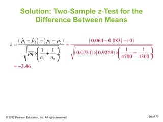 Solution: Two-Sample z-Test for the
Difference Between Means
( ) ( ) ( ) ( )
( ) ( )
1 2 1 2
1 2
0.064 0.083 0
1 1
0.0731 0.92
ˆ
69
4700 4300
3.
ˆ
1
6
1
4
p p p p
z
pq
n n
− − −
=
 
− −
≈
 
× × + ÷
 
≈
× +
−
 ÷
 
© 2012 Pearson Education, Inc. All rights reserved. 68 of 70
 
