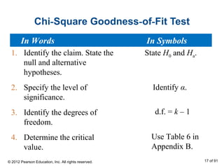 Chi-Square Goodness-of-Fit Test
1. Identify the claim. State the
null and alternative
hypotheses.
2. Specify the level of
significance.
3. Identify the degrees of
freedom.
4. Determine the critical
value.
State H0 and Ha.
Identify α.
Use Table 6 in
Appendix B.
d.f. = k – 1
In Words In Symbols
© 2012 Pearson Education, Inc. All rights reserved. 17 of 91
 