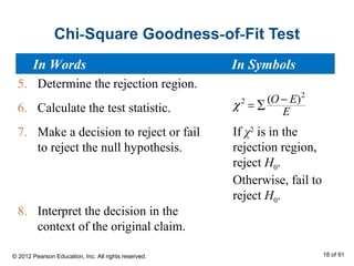 Chi-Square Goodness-of-Fit Test
If χ2
is in the
rejection region,
reject H0.
Otherwise, fail to
reject H0.
5. Determine the rejection region.
6. Calculate the test statistic.
7. Make a decision to reject or fail
to reject the null hypothesis.
8. Interpret the decision in the
context of the original claim.
2
2 ( )O E
E
χ −
= ∑
In Words In Symbols
© 2012 Pearson Education, Inc. All rights reserved. 18 of 91
 