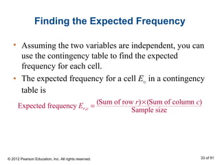 Finding the Expected Frequency
• Assuming the two variables are independent, you can
use the contingency table to find the expected
frequency for each cell.
• The expected frequency for a cell Er,c in a contingency
table is
,
(Sum of row ) (Sum of column )
Expected frequency
Sample sizer c
r c
E
×
=
© 2012 Pearson Education, Inc. All rights reserved. 33 of 91
 