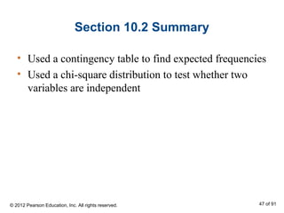 Section 10.2 Summary
• Used a contingency table to find expected frequencies
• Used a chi-square distribution to test whether two
variables are independent
© 2012 Pearson Education, Inc. All rights reserved. 47 of 91
 