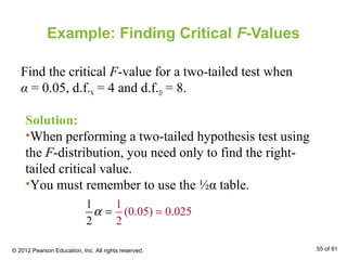 Example: Finding Critical F-Values
Find the critical F-value for a two-tailed test when
α = 0.05, d.f.N = 4 and d.f.D = 8.
Solution:
•When performing a two-tailed hypothesis test using
the F-distribution, you need only to find the right-
tailed critical value.
•You must remember to use the ½α table.
1
(0.05) 0.025
2
1
2
α ==
© 2012 Pearson Education, Inc. All rights reserved. 55 of 91
 