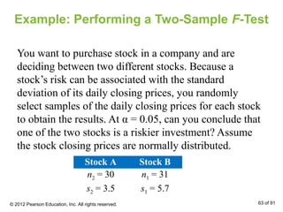 Example: Performing a Two-Sample F-Test
You want to purchase stock in a company and are
deciding between two different stocks. Because a
stock’s risk can be associated with the standard
deviation of its daily closing prices, you randomly
select samples of the daily closing prices for each stock
to obtain the results. At α = 0.05, can you conclude that
one of the two stocks is a riskier investment? Assume
the stock closing prices are normally distributed.
Stock A Stock B
n2 = 30 n1 = 31
s2 = 3.5 s1 = 5.7
© 2012 Pearson Education, Inc. All rights reserved. 63 of 91
 