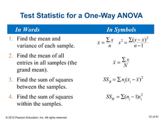 Test Statistic for a One-Way ANOVA
1. Find the mean and
variance of each sample.
2. Find the mean of all
entries in all samples (the
grand mean).
3. Find the sum of squares
between the samples.
4. Find the sum of squares
within the samples.
2
2 ( )
1
x x x
x s
n n
∑ ∑ −
= =
−
x
x
N
∑
=
SSB
= ∑ni
(xi
− x)2
SSW
= ∑(ni
−1)si
2
In Words In Symbols
© 2012 Pearson Education, Inc. All rights reserved. 72 of 91
 