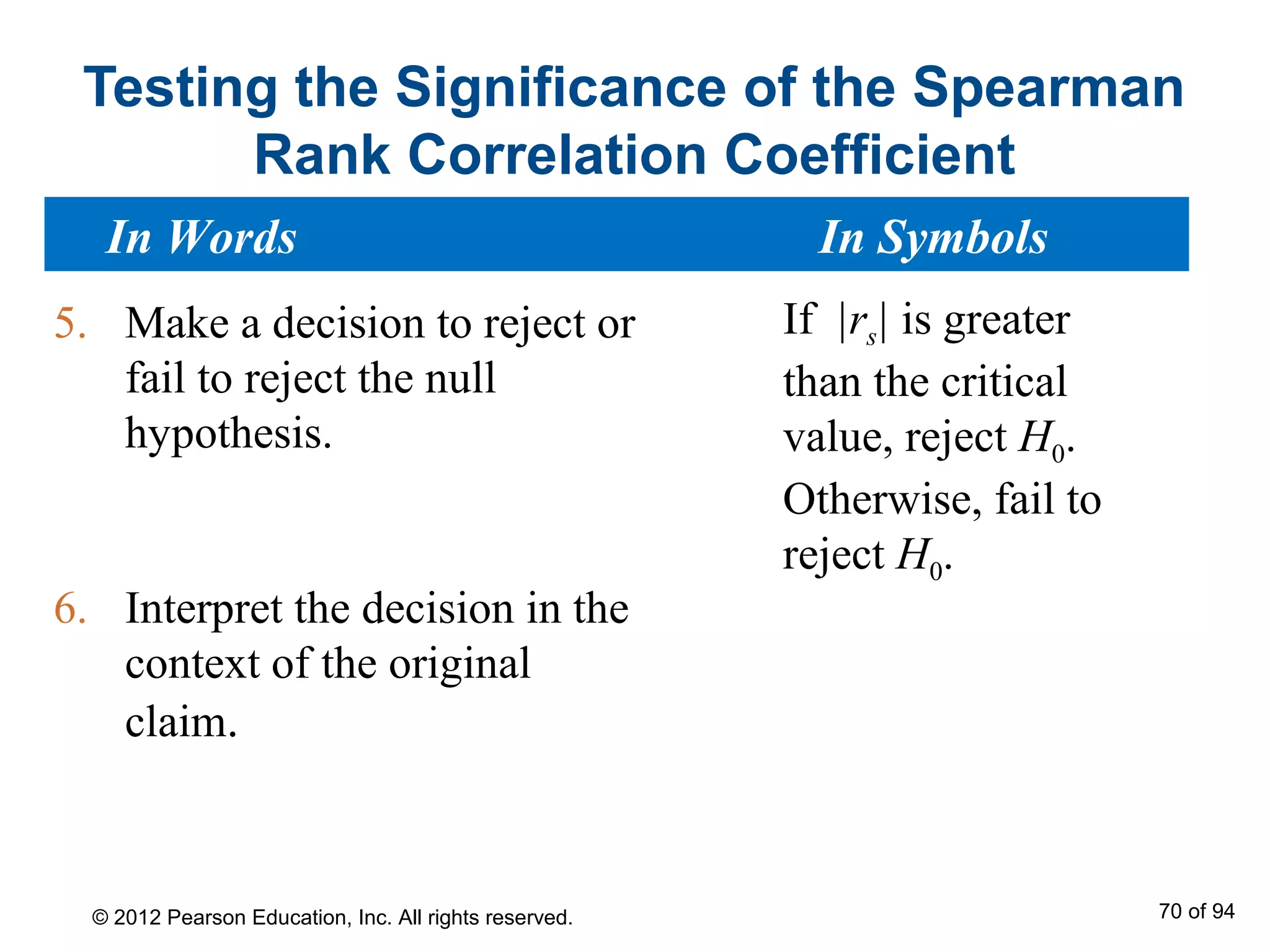 Testing the Significance of the Spearman
Rank Correlation Coefficient
5. Make a decision to reject or
fail to reject the null
hypothesis.
6. Interpret the decision in the
context of the original
claim.
In Words In Symbols
If |rs| is greater
than the critical
value, reject H0.
Otherwise, fail to
reject H0.
© 2012 Pearson Education, Inc. All rights reserved. 70 of 94
 