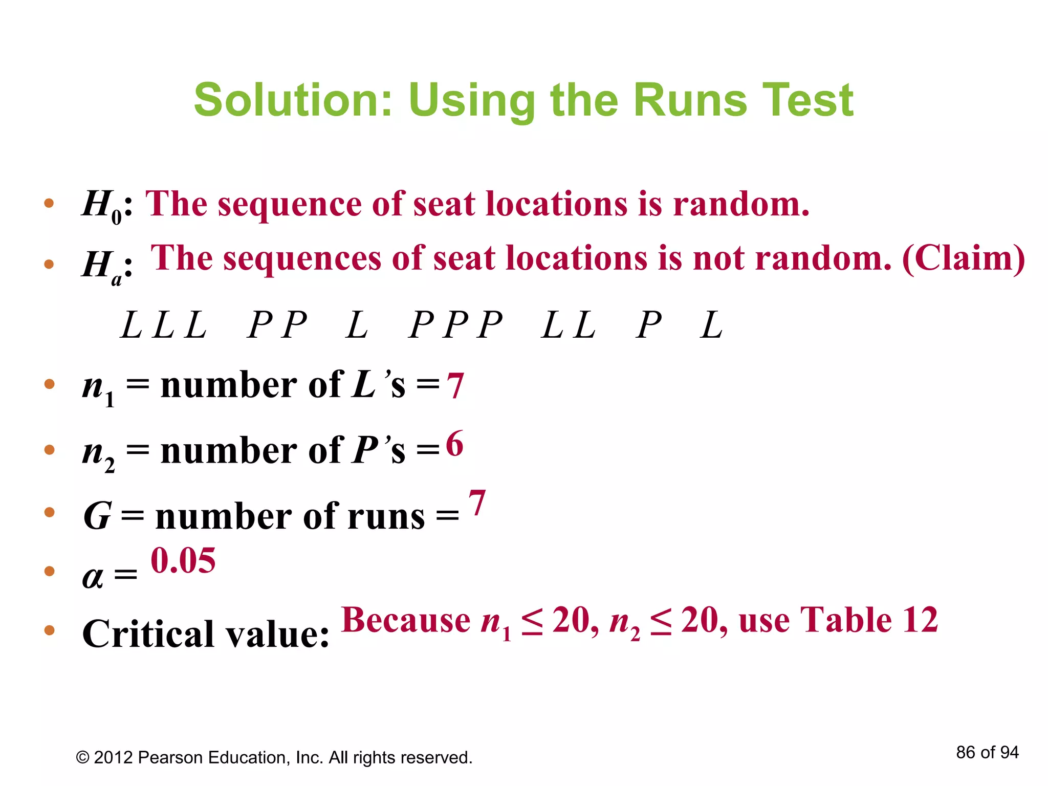 Solution: Using the Runs Test
L L L P P L P P P L L P L
• H0:
• Ha:
The sequence of seat locations is random.
The sequences of seat locations is not random. (Claim)
• n1 = number of L’s =
• n2 = number of P’s =
• G = number of runs =
• α =
• Critical value:
7
7
6
0.05
Because n1 ≤ 20, n2 ≤ 20, use Table 12
© 2012 Pearson Education, Inc. All rights reserved. 86 of 94
 