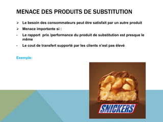 MENACE DES PRODUITS DE SUBSTITUTION 
 Le besoin des consommateurs peut être satisfait par un autre produit 
 Menace importante si : 
- Le rapport prix /performance du produit de substitution est presque le 
même 
- Le cout de transfert supporté par les clients n’est pas élevé 
Exemple: 
 