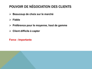 POUVOIR DE NÉGOCIATION DES CLIENTS 
 Beaucoup de choix sur le marché 
 Fidèle 
 Préférence pour le moyenne, haut de gamme 
 Client difficile à capter 
Force : Importante 
 