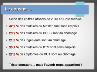 Selon des chiffres officiels de 2013 en Côte d'Ivoire,
●
42,9 %42,9 % des titulaires du Master sont sans emplois
●
23,9 %23,9 % des titulaires du DESS sont au chômage
●
21,3 %21,3 % des ingénieurs sont au chômage
●
35,7 %35,7 % des titulaires du BTS sont sans emplois
●
27,8 %27,8 % des diplômés du DUT sont au chômage
Triste constant ... mais l'avenir nous appartient !
Le constat ...Le constat ...
 