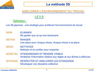La méthode 5S
2
Christophe CABERLON Les 5S
LE 5 S
Définition :
Les 5S japonais : une stratégie pour améliorer l'environnement de travail
SEIRI ELIMINER
Ne garder que ce qui est nécessaire
SEITON RANGER
Une place pour chaque chose, chaque chose à sa place
SEISO NETTOYER
Nettoyer et en profiter pour inspecter
SEIKETSU STANDARDISER ET RENDRE VISIBLE
Améliorer l'information relative aux règles et aux tâches à effectuer
SHITSUKE RESPECTER ET AMELIORER LES STANDARDS
Développer une discipline collective
AMELIORER L'ENVIRONNEMENT DU TRAVAIL
 