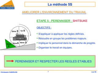 La méthode 5S
7
Christophe CABERLON Les 5S
AMELIORER L'ENVIRONNEMENT DU TRAVAIL
5ème
S
3ème 4ème S
S
1er
2ème S S
ETAPE 5 : PERENNISER : SHITSUKE
OBJECTIFS :
• S'appliquer à appliquer les règles définies.
• Résoudre en groupe les problèmes majeurs.
• Impliquer le personnel dans la démarche de progrès.
• Organiser le travail en équipes.
PERENNISER ET RESPECTER LES REGLES ETABLIES
 