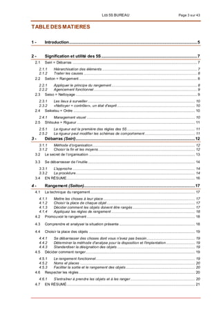 LES 5S BUREAU Page 3 sur 43
TABLE DES MATIERES
1 - Introduction...................................................................................................................5
2 - Signification et utilité des 5S ......................................................................................7
2.1 Seiri = Débarras ................................................................................................................ 7
2.1.1 Hiérarchisation des éléments ..................................................................................... 7
2.1.2 Traiter les causes ...................................................................................................... 8
2.2 Seiton = Rangement .......................................................................................................... 8
2.2.1 Appliquer le principe du rangement............................................................................. 8
2.2.2 Agencement fonctionnel............................................................................................. 9
2.3 Seiso = Nettoyage ............................................................................................................. 9
2.3.1 Les lieux à surveiller ................................................................................................ 10
2.3.2 «Nettoyer = contrôler», un état d'esprit ...................................................................... 10
2.4 Seiketsu = Ordre ............................................................................................................. 10
2.4.1 Management visuel ................................................................................................. 10
2.5 Shitsuke = Rigueur .......................................................................................................... 11
2.5.1 La rigueur est la première des règles des 5S ............................................................. 11
2.5.2 La rigueur peut modifier les schémas de comportement ............................................. 11
3 - Débarras (Seiri)...........................................................................................................12
3.1.1 Méthode d’organisation............................................................................................ 12
3.1.2 Choisir la fin et les moyens....................................................................................... 12
3.2 Le secret de l’organisation ............................................................................................... 13
3.3 Se débarrasser de l’inutile ................................................................................................ 14
3.3.1 L'approche .............................................................................................................. 14
3.3.2 La procédure........................................................................................................... 14
3.4 EN RÉSUME................................................................................................................... 16
4 - Rangement (Seiton)....................................................................................................17
4.1 La technique du rangement.............................................................................................. 17
4.1.1 Mettre les choses à leur place .................................................................................. 17
4.1.2 Choisir la place de chaque objet ............................................................................... 17
4.1.3 Décider comment les objets doivent être rangés ........................................................ 17
4.1.4 Appliquez les règles de rangement ........................................................................... 18
4.2 Promouvoir le rangement ................................................................................................. 18
4.3 Comprendre et analyser la situation présente .................................................................... 18
4.4 Choisir la place des objets ............................................................................................... 19
4.4.1 Se débarrasser des choses dont vous n'avez pas besoin ........................................... 19
4.4.2 Déterminer la méthode d'analyse pour la disposition et l'implantation.......................... 19
4.4.3 Standardiser la désignation des objets ...................................................................... 19
4.5 Décider comment ranger.................................................................................................. 19
4.5.1 Le rangement fonctionnel......................................................................................... 19
4.5.2 Noms et places ....................................................................................................... 20
4.5.3 Faciliter la sortie et le rangement des objets .............................................................. 20
4.6 Respecter les règles ........................................................................................................ 20
4.6.1 S'entraîner à prendre les objets et à les ranger.......................................................... 20
4.7 EN RÉSUMÉ................................................................................................................... 21
 