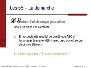 Cabinet DEVINCI Conseil, copyright 2005 © - Formation “ 5S Bureau ” Diapositive N° 19
Les 5S – La démarche
Choisir la place des éléments :
1. En respectant le résultat de la méthode ABC et
l’analyse précédente, définir avec précision où seront
placés les éléments
Se poser la question : Où placer les éléments ?
 