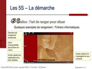 Cabinet DEVINCI Conseil, copyright 2005 © - Formation “ 5S Bureau ” Diapositive N° 21
Les 5S – La démarche
Quelques exemples de rangement : Fichiers informatiques
Dossiers de
rangement
temporaire
Zone
d’accessibilité
des fichiers en
cours
Accès rapide aux
applications les
plus utilisées
Accès rapide à la
messagerie et aux
contacts
 