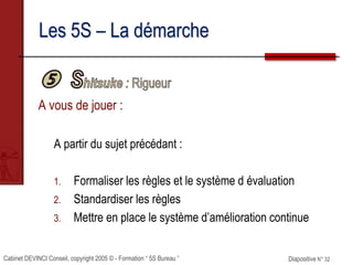 Cabinet DEVINCI Conseil, copyright 2005 © - Formation “ 5S Bureau ” Diapositive N° 32
Les 5S – La démarche
A vous de jouer :
A partir du sujet précédant :
1. Formaliser les règles et le système d évaluation
2. Standardiser les règles
3. Mettre en place le système d’amélioration continue
 