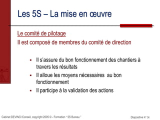 Cabinet DEVINCI Conseil, copyright 2005 © - Formation “ 5S Bureau ” Diapositive N° 36
Les 5S – La mise en œuvre
Le comité de pilotage
Il est composé de membres du comité de direction
 Il s’assure du bon fonctionnement des chantiers à
travers les résultats
 Il alloue les moyens nécessaires au bon
fonctionnement
 Il participe à la validation des actions
 