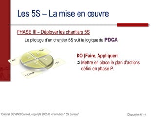 Cabinet DEVINCI Conseil, copyright 2005 © - Formation “ 5S Bureau ” Diapositive N° 44
Les 5S – La mise en œuvre
PHASE III – Déployer les chantiers 5S
Le pilotage d’un chantier 5S suit la logique du
DO (Faire, Appliquer)
 Mettre en place le plan d'actions
défini en phase P.
 