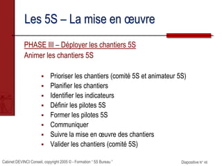 Cabinet DEVINCI Conseil, copyright 2005 © - Formation “ 5S Bureau ” Diapositive N° 48
Les 5S – La mise en œuvre
PHASE III – Déployer les chantiers 5S
Animer les chantiers 5S
 Prioriser les chantiers (comité 5S et animateur 5S)
 Planifier les chantiers
 Identifier les indicateurs
 Définir les pilotes 5S
 Former les pilotes 5S
 Communiquer
 Suivre la mise en œuvre des chantiers
 Valider les chantiers (comité 5S)
 