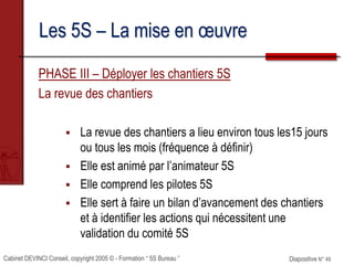 Cabinet DEVINCI Conseil, copyright 2005 © - Formation “ 5S Bureau ” Diapositive N° 49
Les 5S – La mise en œuvre
PHASE III – Déployer les chantiers 5S
La revue des chantiers
 La revue des chantiers a lieu environ tous les15 jours
ou tous les mois (fréquence à définir)
 Elle est animé par l’animateur 5S
 Elle comprend les pilotes 5S
 Elle sert à faire un bilan d’avancement des chantiers
et à identifier les actions qui nécessitent une
validation du comité 5S
 