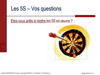 Cabinet DEVINCI Conseil, copyright 2005 © - Formation “ 5S Bureau ” Diapositive N° 54
Les 5S – Vos questions
Etes-vous prêts à mettre les 5S en œuvre ?
 