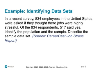 Copyright 2019, 2015, 2012, Pearson Education, Inc. Slide 8
Example: Identifying Data Sets
In a recent survey, 834 employees in the United States
were asked if they thought there jobs were highly
stressful. Of the 834 respondents, 517 said yes.
Identify the population and the sample. Describe the
sample data set. (Source: CareerCast Job Stress
Report)
 