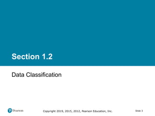 Copyright 2019, 2015, 2012, Pearson Education, Inc. Slide 3
Section 1.2
Data Classification
 