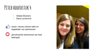 Pitchhoofdstuk4
- Dideke Elseviers
- Elena Lanckvrind
reizen, nieuwe culturen talen en
begeleiden van werknemers
gemotiveerde werknemers zijn heel
belangrijk
 