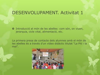 DESENVOLUPAMENT. Activitat 1

 Introducció al món de les abelles: com són, on viuen,
jerarquia, cicle vital, alimentació, etc.
La primera presa de contacte dels alumnes amb el món de
les abelles és a través d’un vídeo didàctic titulat “La Piti i la
mel”.

 