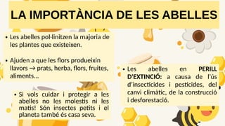 LA IMPORTÀNCIA DE LES ABELLES
● Les abelles pol·linitzen la majoria de
les plantes que existeixen.
● Ajuden a que les flors produeixin
llavors → prats, herba, flors, fruites,
aliments...
● Si vols cuidar i protegir a les
abelles no les molestis ni les
matis! Són insectes petits i el
planeta també és casa seva.
● Les abelles en PERILL
D'EXTINCIÓ: a causa de l’ús
d’insecticides i pesticides, del
canvi climàtic, de la construcció
i desforestació.
 
