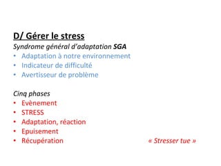   D/ Gérer le stress Syndrome général d’adaptation  SGA Adaptation à notre environnement Indicateur de difficulté Avertisseur de problème Cinq phases Evènement STRESS Adaptation, réaction Epuisement Récupération  « Stresser tue » 