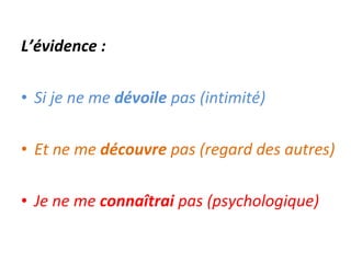 L’évidence : Si je ne me  dévoile  pas (intimité) Et ne me  découvre  pas (regard des autres) Je ne me  connaîtrai  pas (psychologique) 