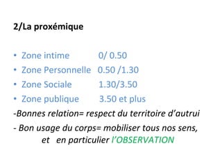 2/La proxémique Zone intime  0/ 0.50 Zone Personnelle  0.50 /1.30 Zone Sociale  1.30/3.50 Zone publique  3.50 et plus - Bonnes relation= respect du territoire d’autrui - Bon usage du corps= mobiliser tous nos sens,  et  en particulier  l’OBSERVATION 