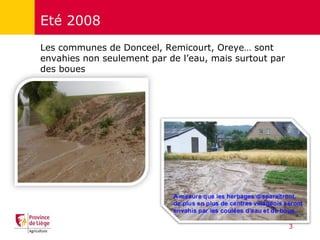 3
Eté 2008
Les communes de Donceel, Remicourt, Oreye… sont
envahies non seulement par de l’eau, mais surtout par
des boues
 