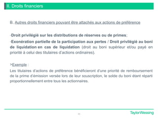 II. Droits financiers
B. Autres droits financiers pouvant être attachés aux actions de préférence
-Droit privilégié sur les distributions de réserves ou de primes;
-Exonération partielle de la participation aux pertes / Droit privilégié au boni
de liquidation en cas de liquidation (droit au boni supérieur et/ou payé en
priorité à celui des titulaires d’actions ordinaires).
>Exemple :
Les titulaires d’actions de préférence bénéficieront d’une priorité de remboursement
de la prime d’émission versée lors de leur souscription, le solde du boni étant réparti
proportionnellement entre tous les actionnaires.
11
 