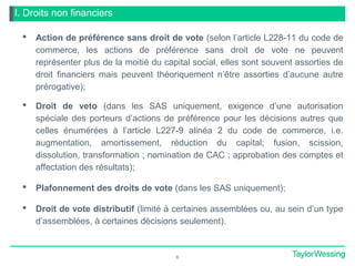 I. Droits non financiers
 Action de préférence sans droit de vote (selon l’article L228-11 du code de
commerce, les actions de préférence sans droit de vote ne peuvent
représenter plus de la moitié du capital social, elles sont souvent assorties de
droit financiers mais peuvent théoriquement n’être assorties d’aucune autre
prérogative);
 Droit de veto (dans les SAS uniquement, exigence d’une autorisation
spéciale des porteurs d’actions de préférence pour les décisions autres que
celles énumérées à l’article L227-9 alinéa 2 du code de commerce, i.e.
augmentation, amortissement, réduction du capital; fusion, scission,
dissolution, transformation ; nomination de CAC ; approbation des comptes et
affectation des résultats);
 Plafonnement des droits de vote (dans les SAS uniquement);
 Droit de vote distributif (limité à certaines assemblées ou, au sein d’un type
d’assemblées, à certaines décisions seulement).
6
 