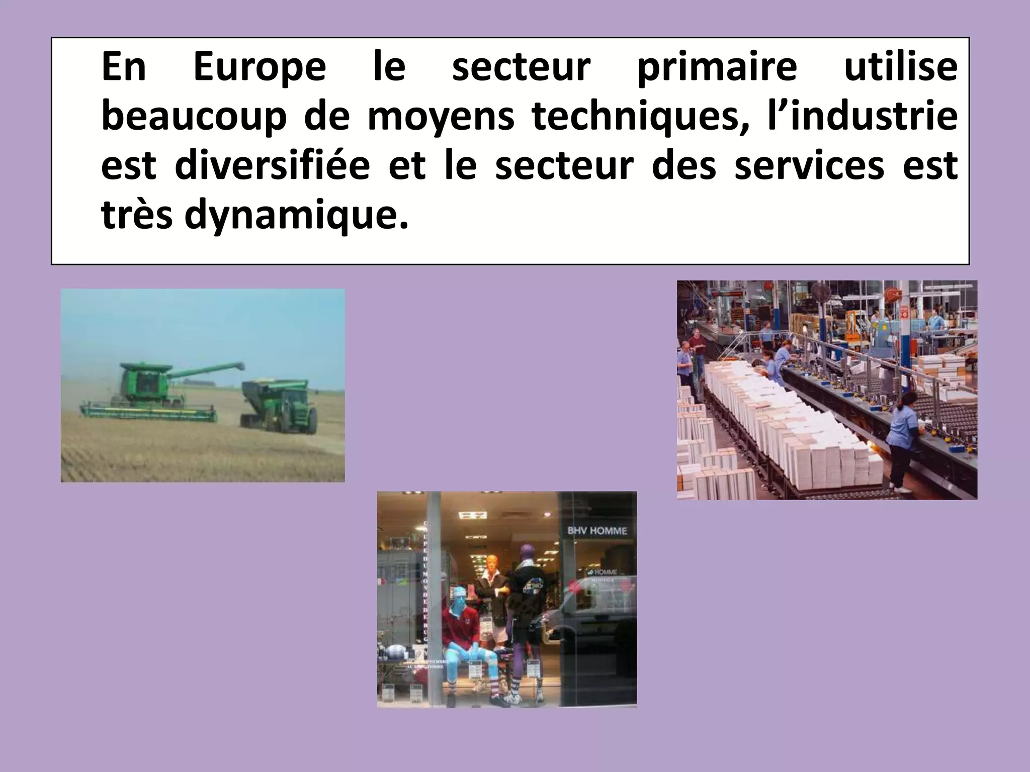 En Europe le secteur primaire utilise beaucoup de moyens techniques, l’industrie est diversifiée et le secteur des services est très dynamique.