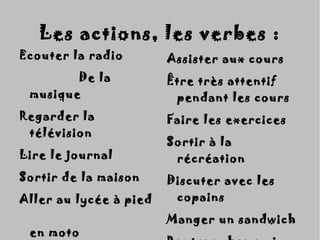 Ecouter la radioEcouter la radio
De laDe la
musiquemusique
Regarder laRegarder la
télévisiontélévision
Lire le journalLire le journal
Sortir de la maisonSortir de la maison
Aller au lycée à piedAller au lycée à pied
en motoen moto
Assister aux coursAssister aux cours
Être très attentifÊtre très attentif
pendant les courspendant les cours
Faire les exercicesFaire les exercices
Sortir à laSortir à la
récréationrécréation
Discuter avec lesDiscuter avec les
copainscopains
Manger un sandwichManger un sandwich
Les actions, les verbes :Les actions, les verbes :
 