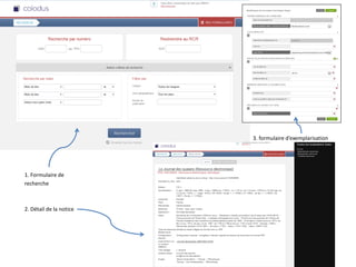 • 3. formulaire d’exemplarisation
1. Formulaire de
recherche
2. Détail de la notice
 