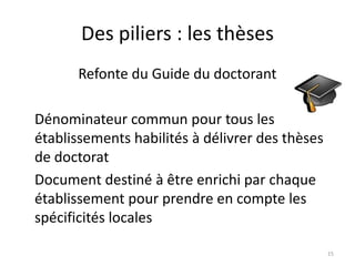 Des piliers : les thèses
Refonte du Guide du doctorant
Dénominateur commun pour tous les
établissements habilités à délivrer des thèses
de doctorat
Document destiné à être enrichi par chaque
établissement pour prendre en compte les
spécificités locales
15
 