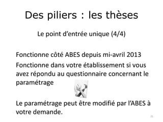 Des piliers : les thèses
Le point d’entrée unique (4/4)
Fonctionne côté ABES depuis mi-avril 2013
Fonctionne dans votre établissement si vous
avez répondu au questionnaire concernant le
paramétrage
Le paramétrage peut être modifié par l’ABES à
votre demande. 25
 