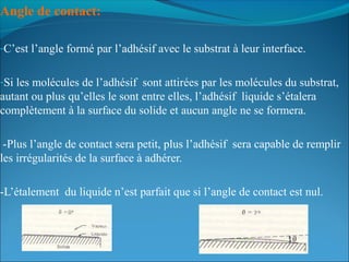 Angle de contact:
-C’est l’angle formé par l’adhésif avec le substrat à leur interface.
-Si les molécules de l’adhésif sont attirées par les molécules du substrat,
autant ou plus qu’elles le sont entre elles, l’adhésif liquide s’étalera
complètement à la surface du solide et aucun angle ne se formera.
-Plus l’angle de contact sera petit, plus l’adhésif sera capable de remplir
les irrégularités de la surface à adhérer.
-L’étalement du liquide n’est parfait que si l’angle de contact est nul.
 