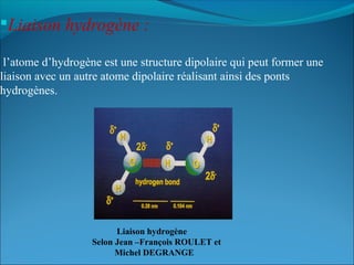 Liaison hydrogène :
l’atome d’hydrogène est une structure dipolaire qui peut former une
liaison avec un autre atome dipolaire réalisant ainsi des ponts
hydrogènes.
Liaison hydrogène
Selon Jean –François ROULET et
Michel DEGRANGE
 