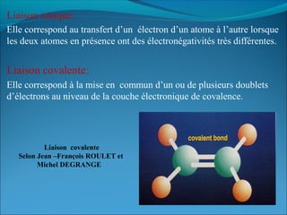 Liaison ionique:
Elle correspond au transfert d’un électron d’un atome à l’autre lorsque
les deux atomes en présence ont des électronégativités très différentes.
Liaison covalente:
Elle correspond à la mise en commun d’un ou de plusieurs doublets
d’électrons au niveau de la couche électronique de covalence.
Liaison covalente
Selon Jean –François ROULET et
Michel DEGRANGE
 