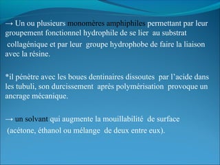 → Un ou plusieurs monomères amphiphiles permettant par leur
groupement fonctionnel hydrophile de se lier au substrat
collagénique et par leur groupe hydrophobe de faire la liaison
avec la résine.
*il pénètre avec les boues dentinaires dissoutes par l’acide dans
les tubuli, son durcissement après polymérisation provoque un
ancrage mécanique.
→ un solvant qui augmente la mouillabilité de surface
(acétone, éthanol ou mélange de deux entre eux).
 