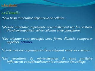 1.La dent:
1.1-L’émail :
*Seul tissu minéralisé dépourvue de cellules.
*96% de minéraux, représenté essentiellement par les cristaux
d’hydroxy-apatites ,sel de calcium et de phosphore.
*Ces cristaux sont arrangés sous forme d’unités compactes
appelées prismes.
*4% de matière organique et d’eau siégeant entre les cristaux.
*Les variations de minéralisation du tissu amélaire
influencent considérablement la résistance des collage.
 