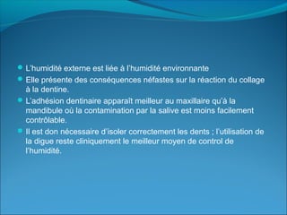 L’humidité externe est liée à l’humidité environnante
Elle présente des conséquences néfastes sur la réaction du collage
à la dentine.
L’adhésion dentinaire apparaît meilleur au maxillaire qu’à la
mandibule où la contamination par la salive est moins facilement
contrôlable.
Il est don nécessaire d’isoler correctement les dents ; l’utilisation de
la digue reste cliniquement le meilleur moyen de control de
l’humidité.
 