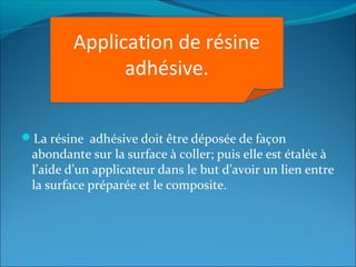 La résine adhésive doit être déposée de façon
abondante sur la surface à coller; puis elle est étalée à
l’aide d’un applicateur dans le but d’avoir un lien entre
la surface préparée et le composite.
Application de résine
adhésive.
 