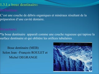 1.3.La boue dentinaire:
Définition:
C’est une couche de débris organiques et minéraux résultant de la
préparation d’une cavité dentaire.
Structure: 
*la boue dentinaire apparaît comme une couche rugueuse qui tapisse la
surface dentinaire et qui oblitère les orifices tubulaires .
Boue dentinaire (MEB)
Selon Jean –François ROULET et
Michel DEGRANGE
 
