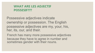Possessive adjectives indicate
ownership or possession. The English
possessive adjectives are my, your, his,
her, its, our, and their.
French has many more possessive adjectives
because they have to agree in number and
sometimes gender with their nouns.